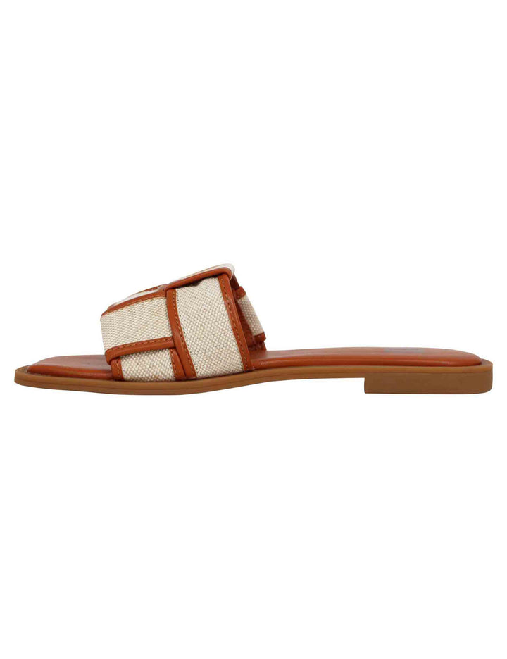 Spatarella Sandali flat donna in eco pelle cuoio intrecciato con tessuto a contrasto Desa Vendite Flash