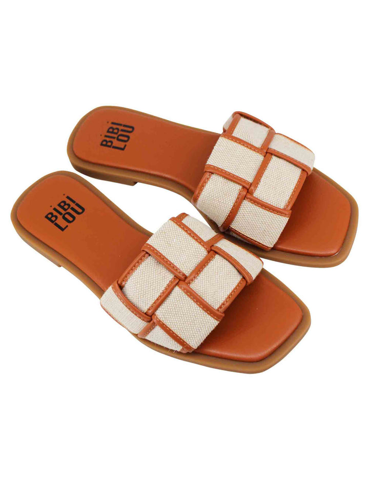 Spatarella Sandali flat donna in eco pelle cuoio intrecciato con tessuto a contrasto Desa Vendite Flash