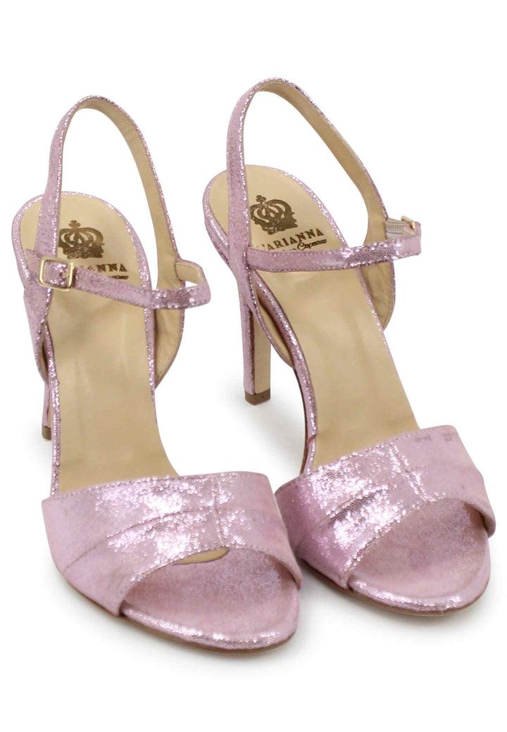Spatarella Sandali donna in pelle laminata rosa con tacco alto e cinturino alla caviglia Moda