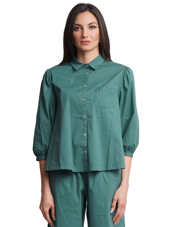 Spatarella Camicie donna in cotone verde con maniche a sbuffo Comprane uno, ottenene uno gratis