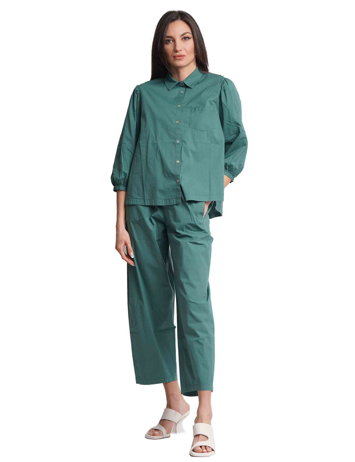 Spatarella Camicie donna in cotone verde con maniche a sbuffo Comprane uno, ottenene uno gratis