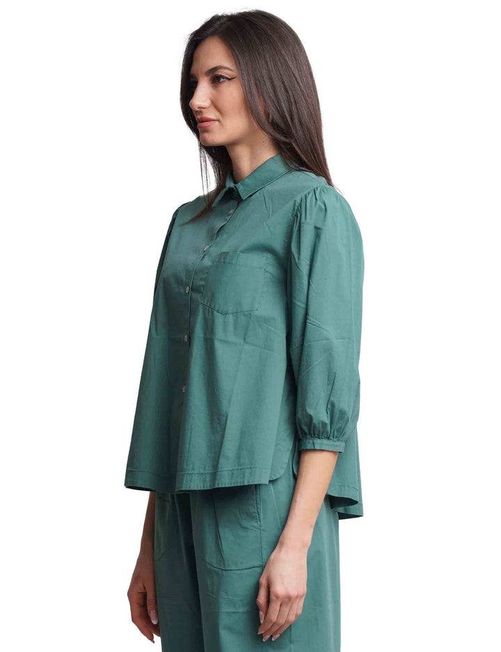 Spatarella Camicie donna in cotone verde con maniche a sbuffo Comprane uno, ottenene uno gratis