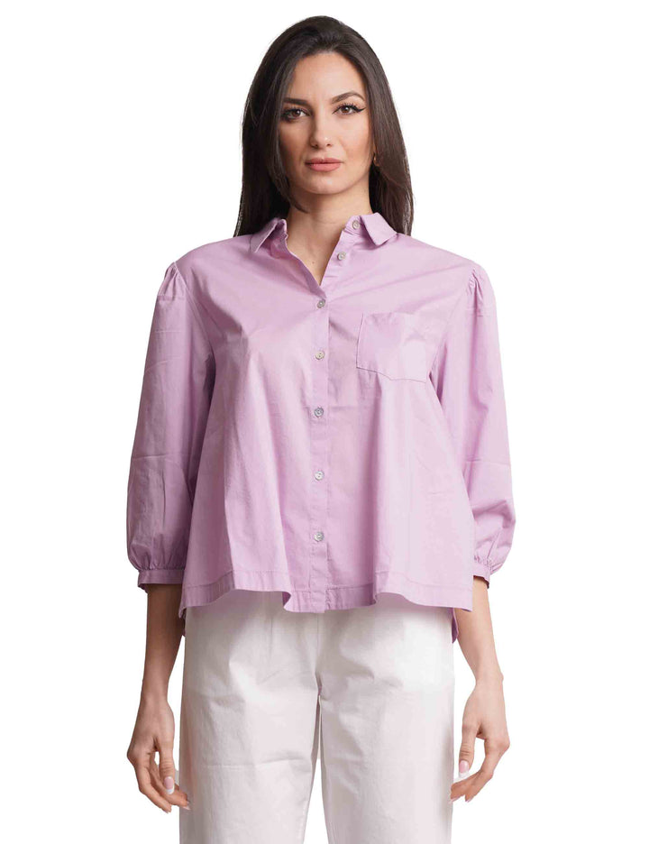 Spatarella Camicie donna in cotone lilla con maniche a sbuffo Offerte giornaliere