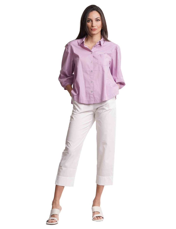 Spatarella Camicie donna in cotone lilla con maniche a sbuffo Offerte giornaliere