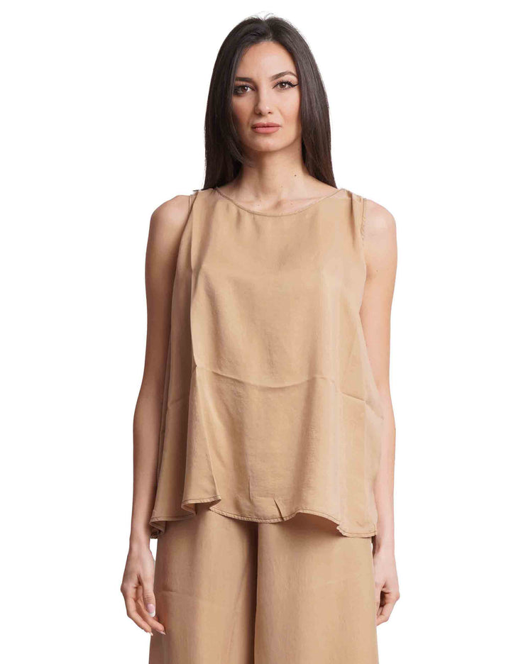 Spatarella Top donna in seta cammello largo al fondo Offerte speciali