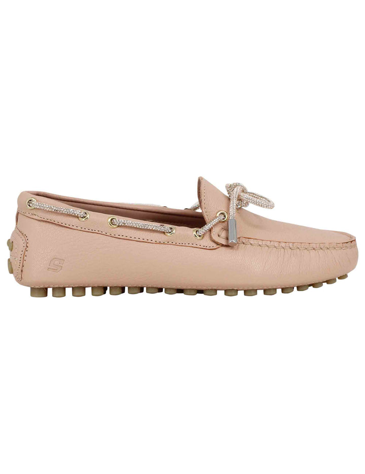 Spatarella Mocassini donna in pelle rosa con fiocco in strass