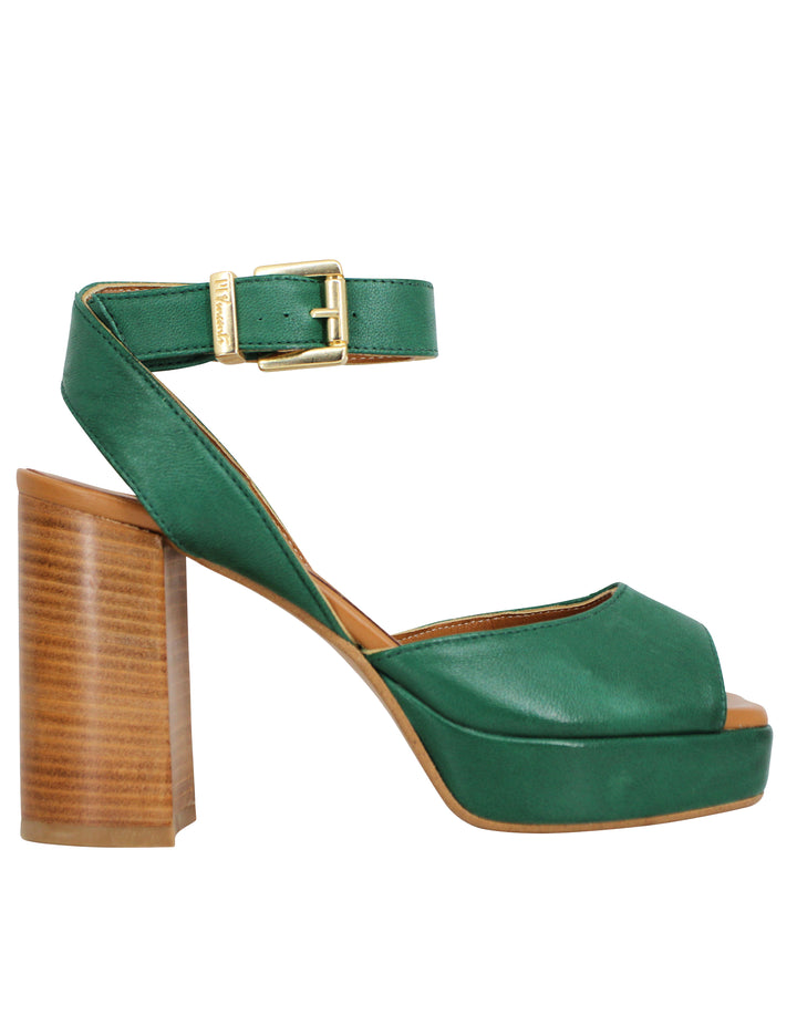 Spatarella Sandali donna in pelle verde con tacco alto in cuoio e plateau In Linea