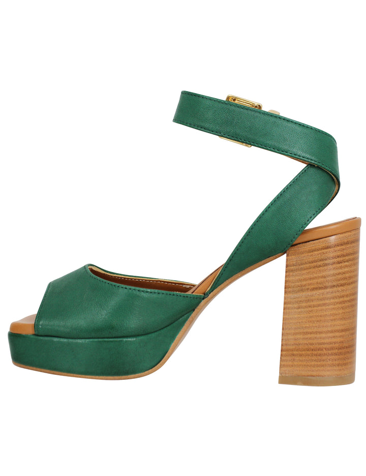 Spatarella Sandali donna in pelle verde con tacco alto in cuoio e plateau In Linea