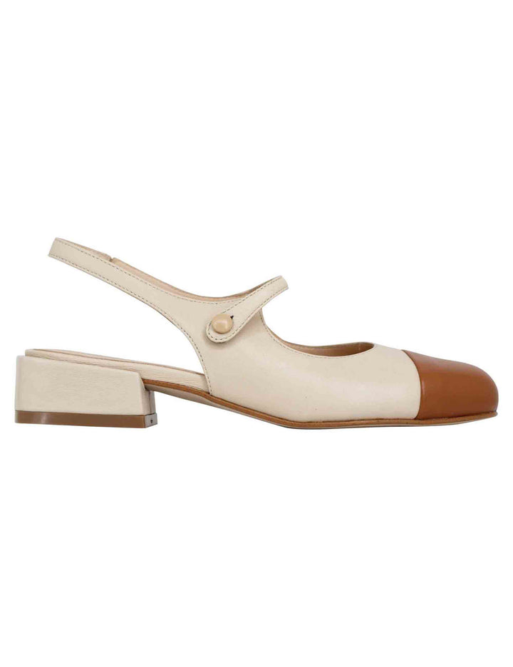 Spatarella Decollete slingback donna in pelle beige bicolore con puntale cammello Nuovo