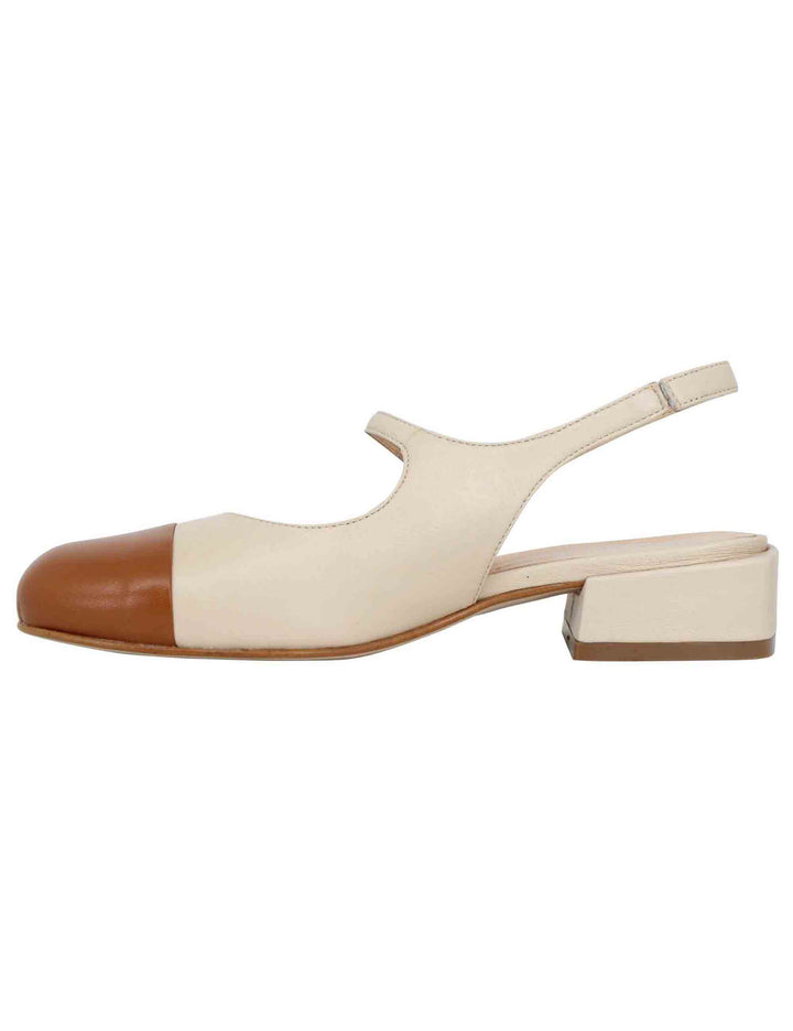 Spatarella Decollete slingback donna in pelle beige bicolore con puntale cammello Nuovo