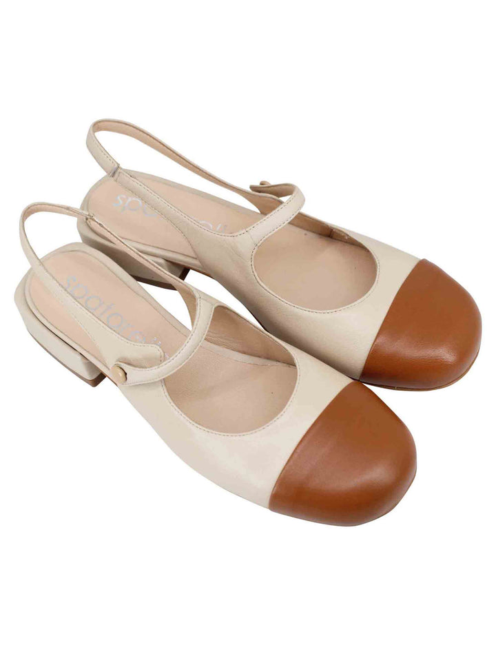 Spatarella Decollete slingback donna in pelle beige bicolore con puntale cammello Nuovo