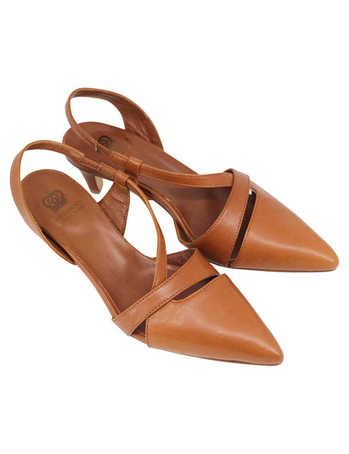 Spatarella Decollete slingback donna in pelle cuoio con tacco basso Promozione