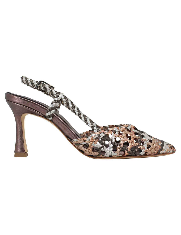 Spatarella Decollete slingback donna in pelle intrecciata taupe laminata con tacco alto Spedizione Gratuita