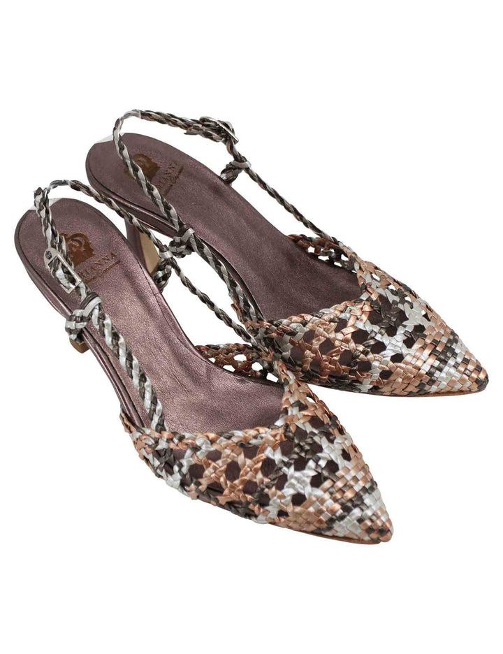 Spatarella Decollete slingback donna in pelle intrecciata taupe laminata con tacco alto Spedizione Gratuita