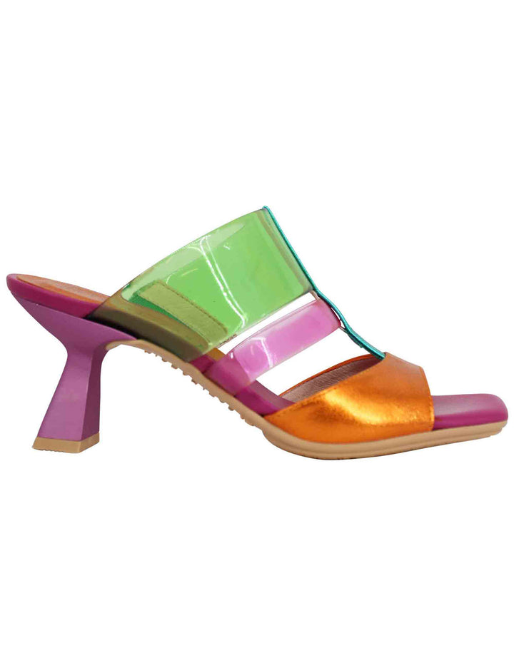 Spatarella Sandali donna in pelle laminata fuxia e multicolore con punta quadra Fino Al -60%