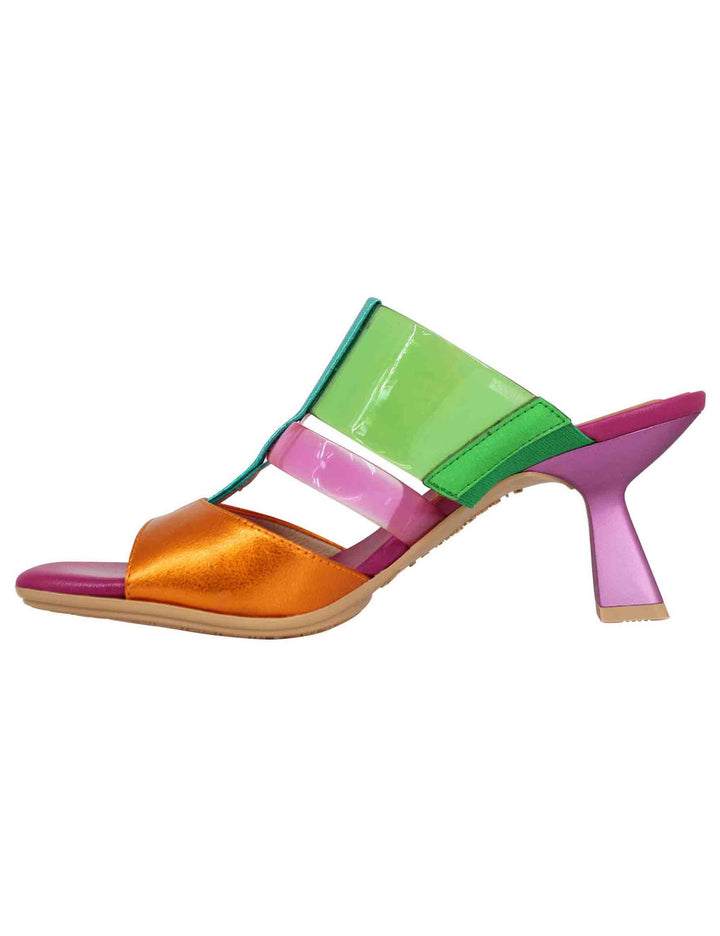 Spatarella Sandali donna in pelle laminata fuxia e multicolore con punta quadra Fino Al -60%