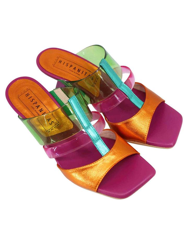 Spatarella Sandali donna in pelle laminata fuxia e multicolore con punta quadra Fino Al -60%