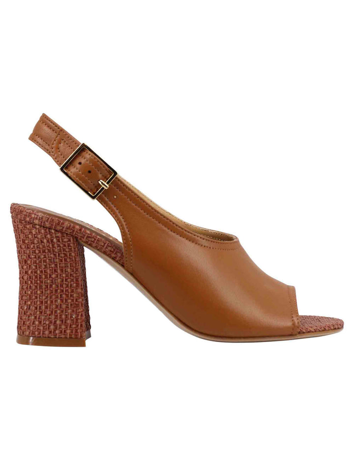 Spatarella Sandali slingback donna in pelle cuoio con tacco alto rivestito in rafia Liquidazione