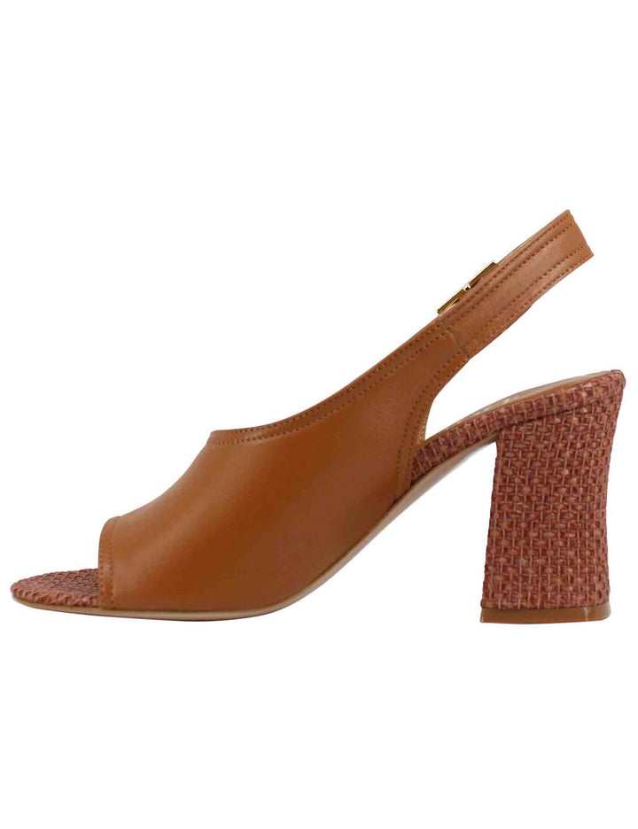 Spatarella Sandali slingback donna in pelle cuoio con tacco alto rivestito in rafia Liquidazione