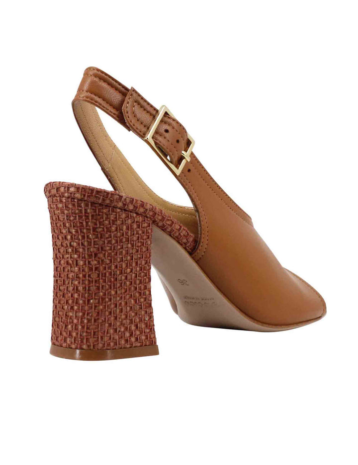 Spatarella Sandali slingback donna in pelle cuoio con tacco alto rivestito in rafia Liquidazione
