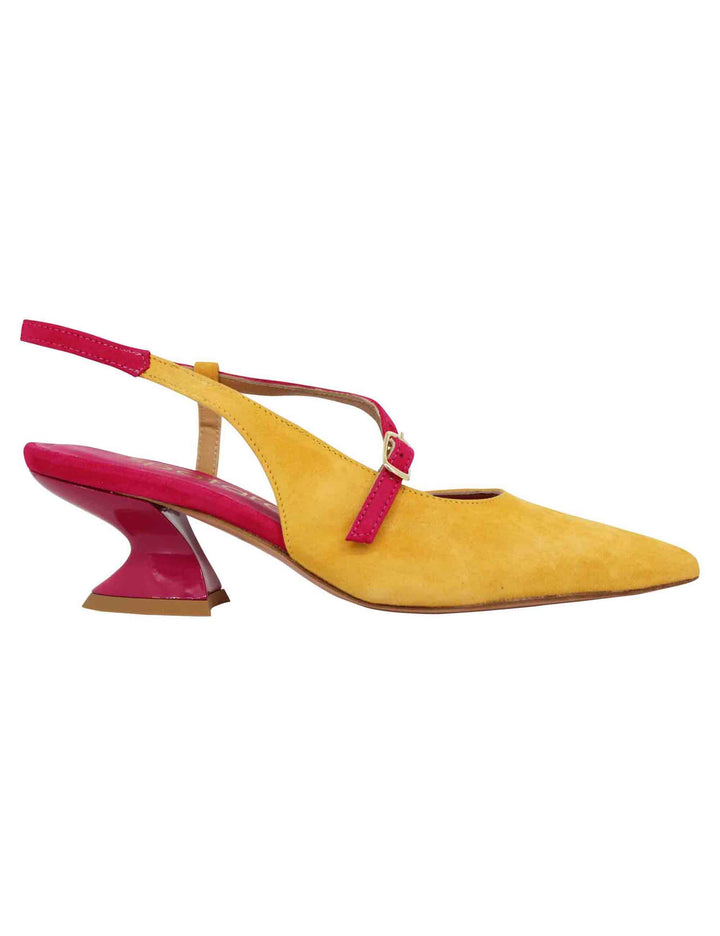 Spatarella Decollete slingback donna in camoscio giallo con tacco in contrasto Comprane uno, ottenene uno gratis
