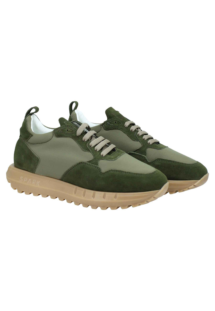 Spatarella Sneakers uomo in pelle e tessuto verde militare con fondo alto in gomma Trasporto libero internazionale