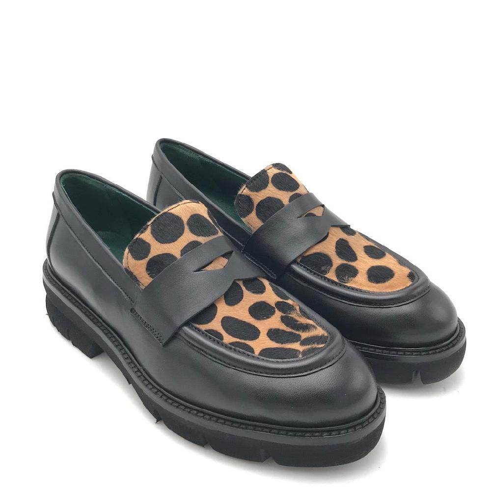 Zulian Calzature Mocassino nero cavallino animalier Ritorno libero